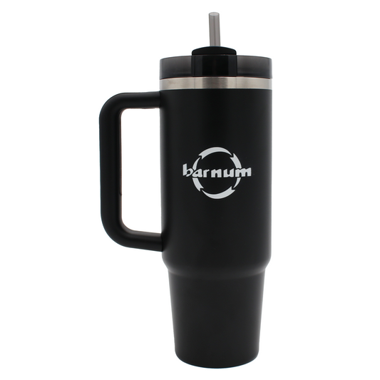 Black insulated tumbler with handle and straw lid, featuring the Barnum logo.