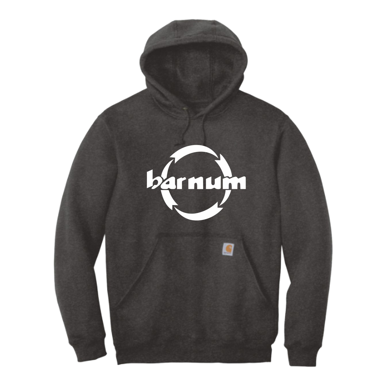 Dark gray hoodie with white 'Barnum' logo.