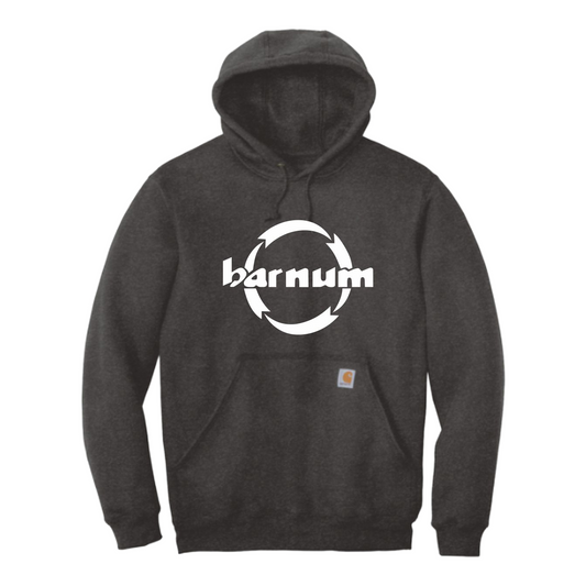 Dark gray hoodie with white 'Barnum' logo.
