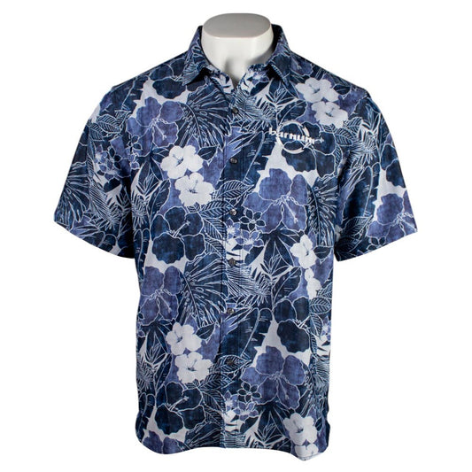 Blue floral patterned button up shirt with the HH Barnum ogo embroidered on the chest. 