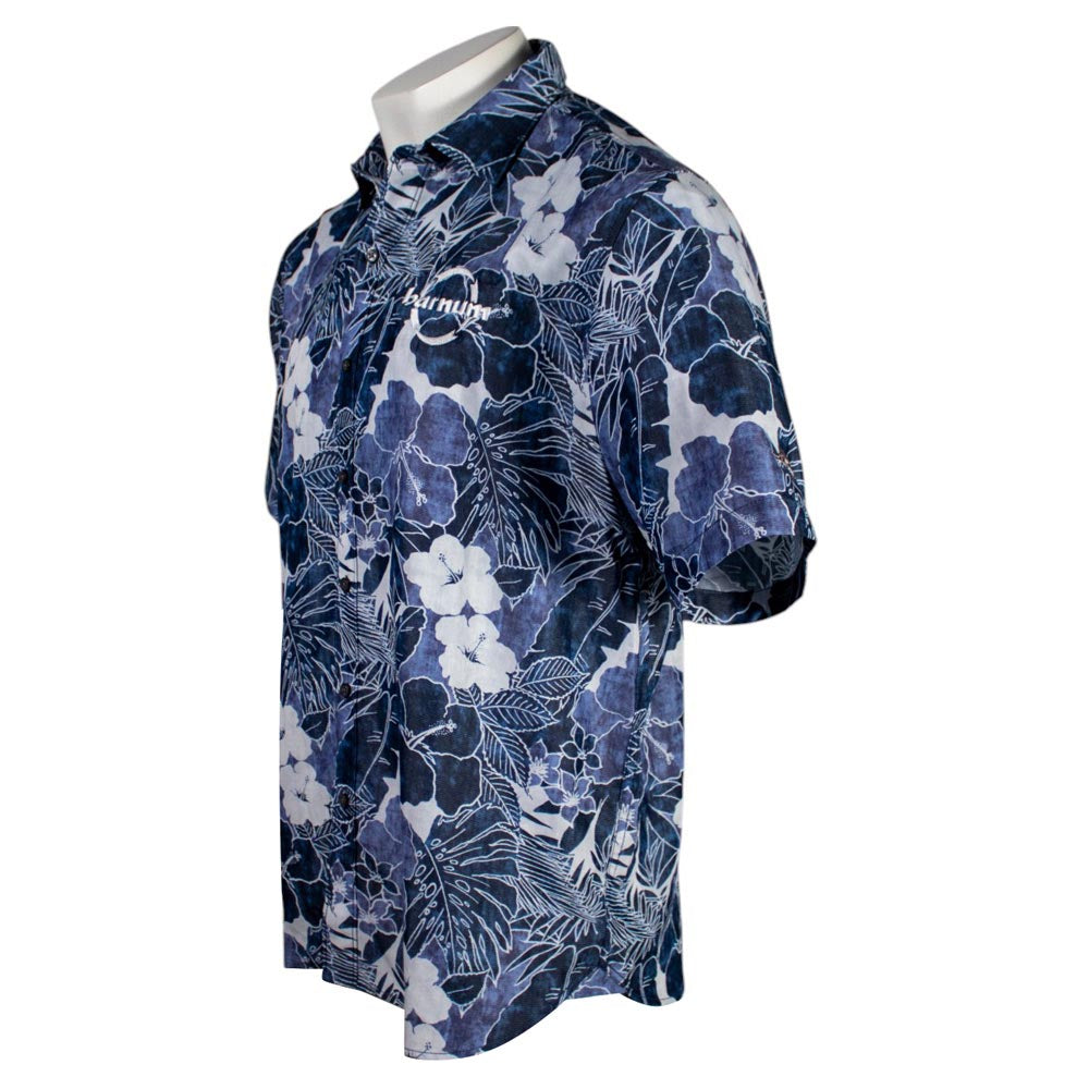 Side of blue floral-patterned button up shirt.