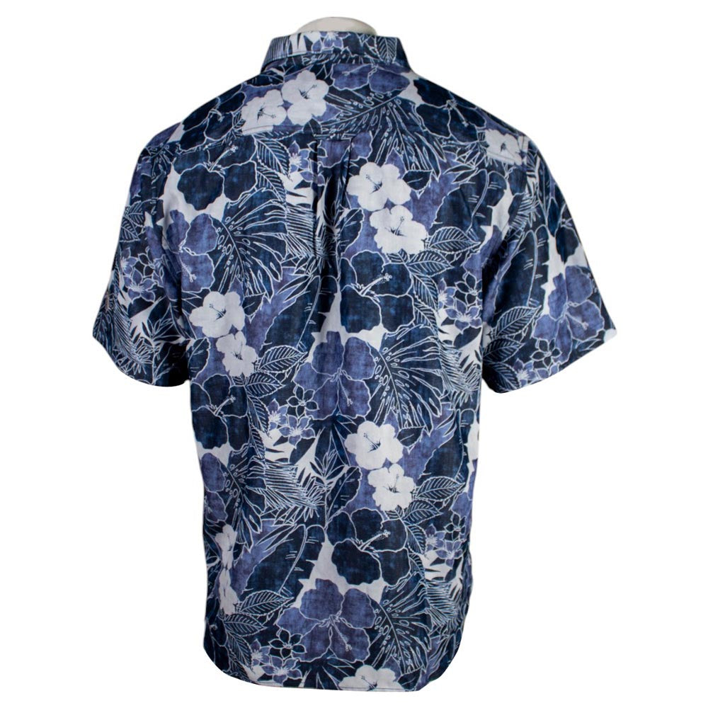 Back of blue floral shirt with a collar. 
