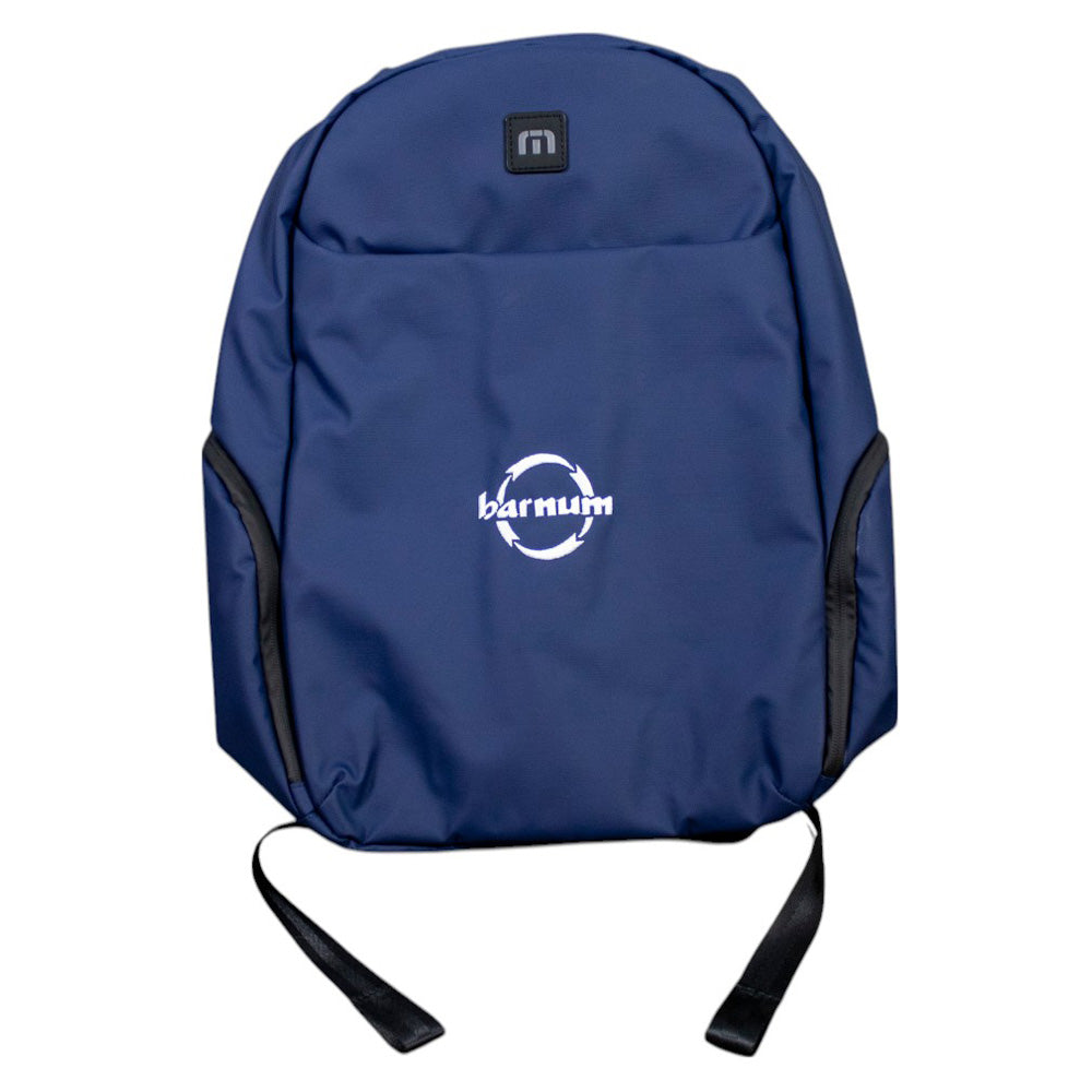 Blue backpack with a white HH Barnum logo on the front. 