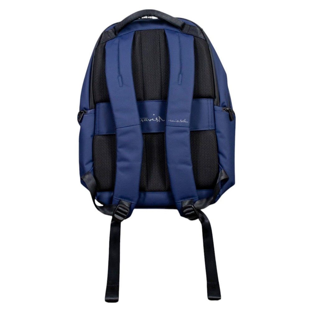 Back of a blue and black backpack with padded shoulder straps and the Travis Mathew logo on the back. 