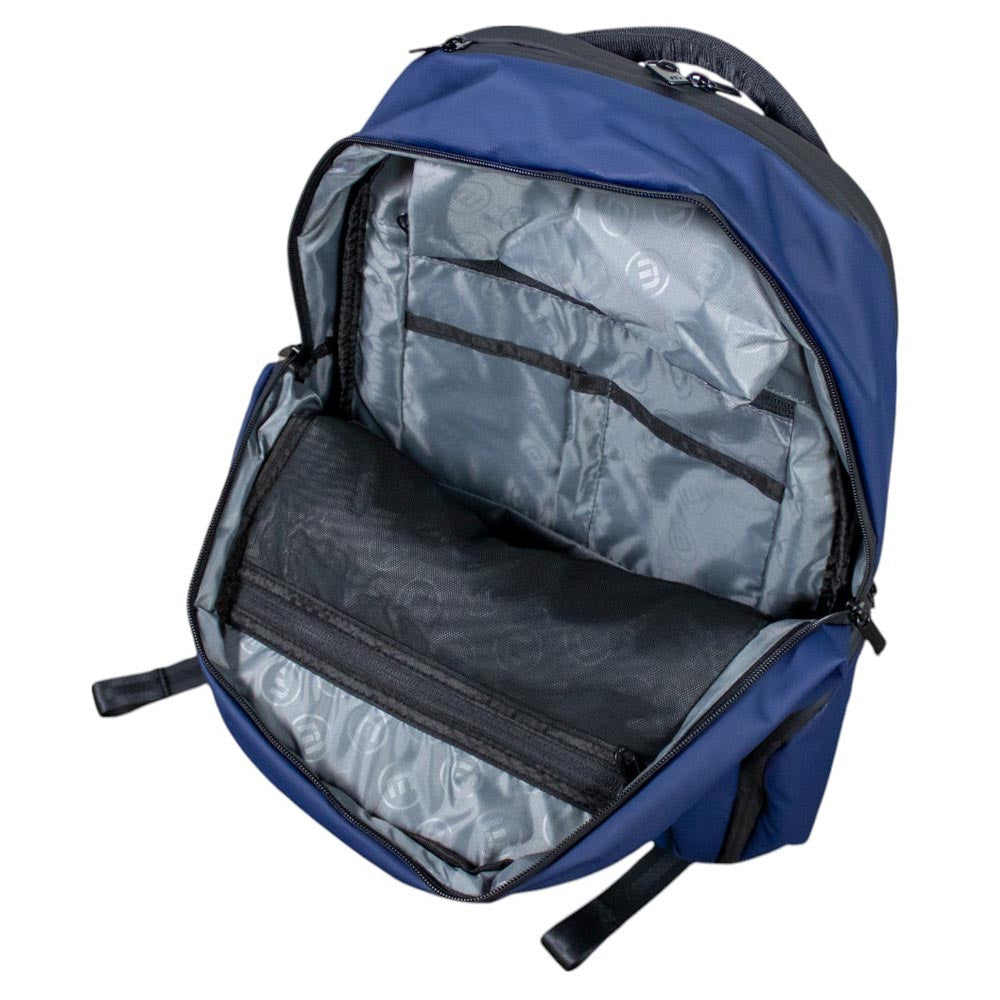 Blue backpack with open front compartment lined with grey fabric and pockets. 