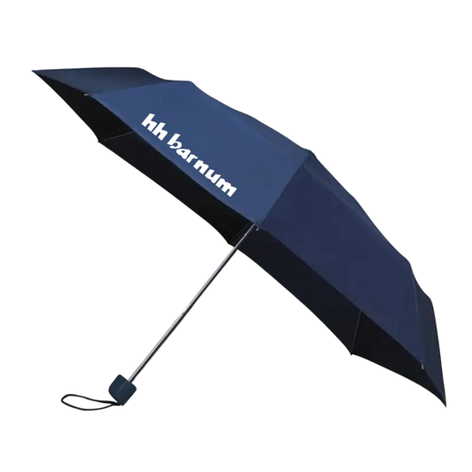 Navy blue umbrella with white 'hh barnum' branding on the edge.