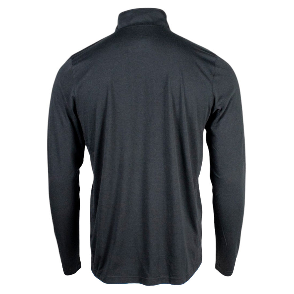 Back of a black long-sleeve shirt.