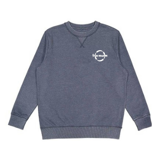Blue sweatshirt crewneck with a white hh barnum logo on the chest.