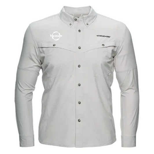Light gray button up shirt with a white barnum logo on the chest. 