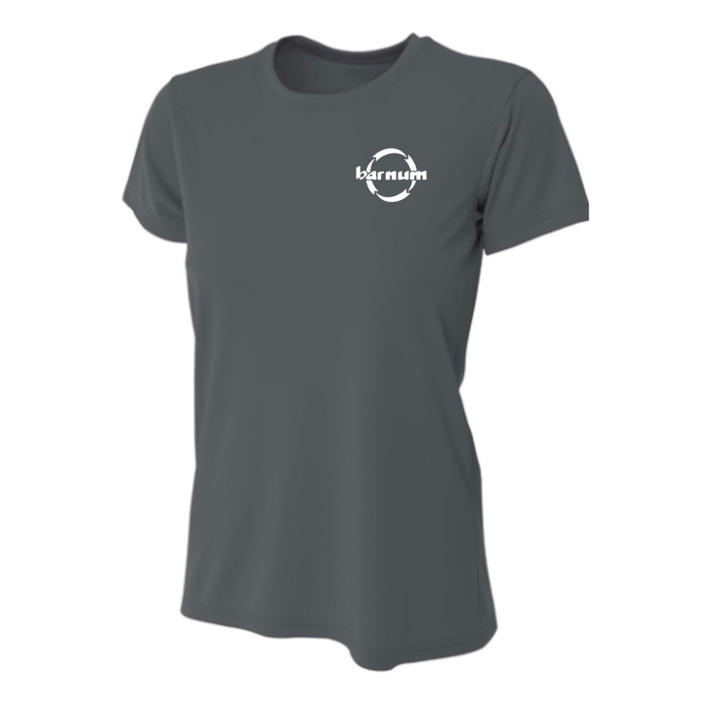 grey t-shirt with a white barnum logo.