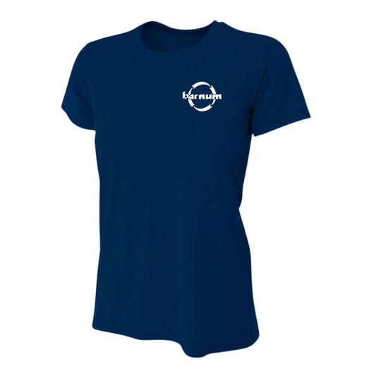Navy blue t-shirt with a white barnum logo.