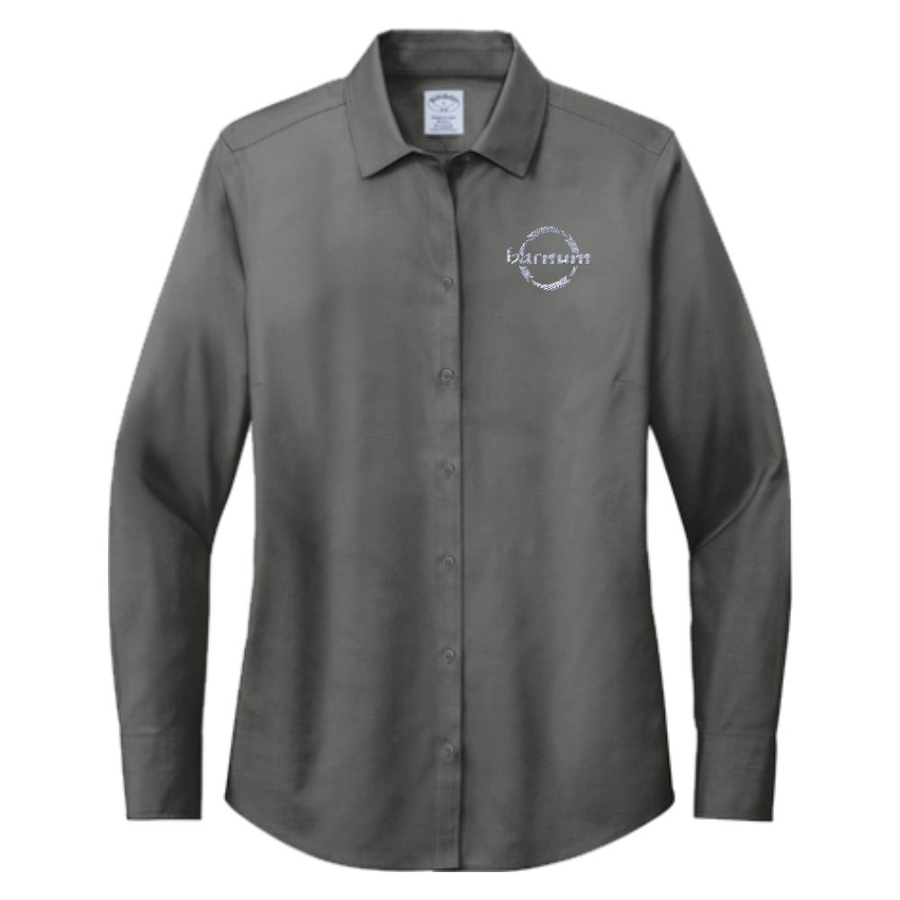 Black women's button down with a grey barnum logo on the left chest. 