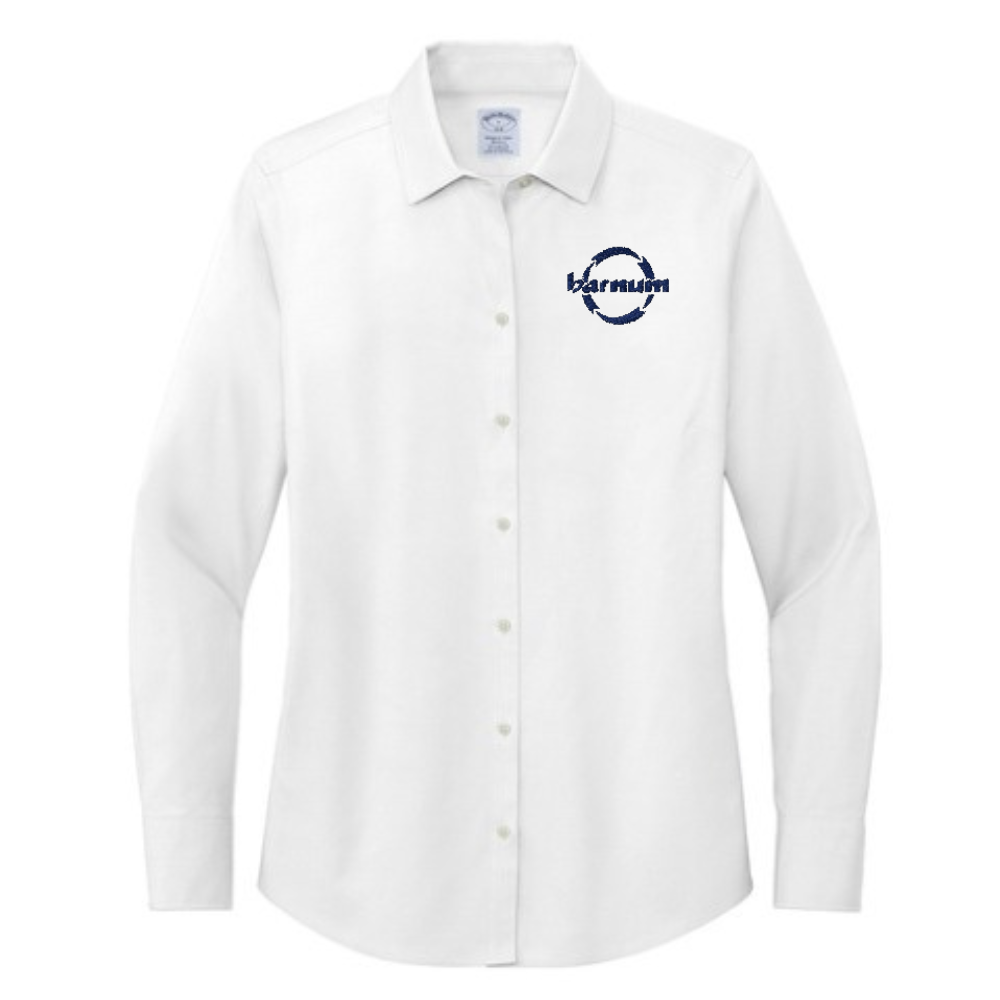 White dress shirt with a navy blue barnum logo on the left chest.