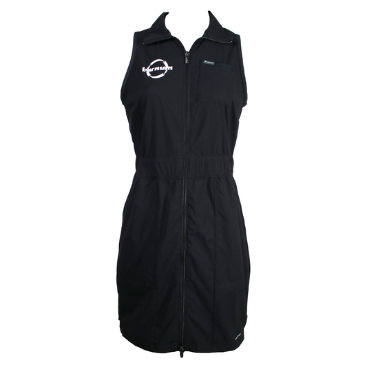 Black sleeveless zippered dress with a white barnum logo on the right chest.