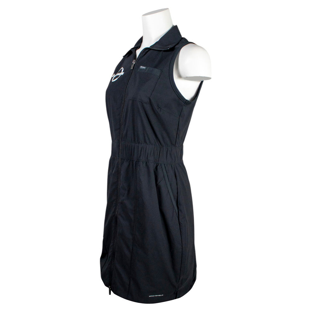 Side of a black sleeveless dress with a zipper closure.