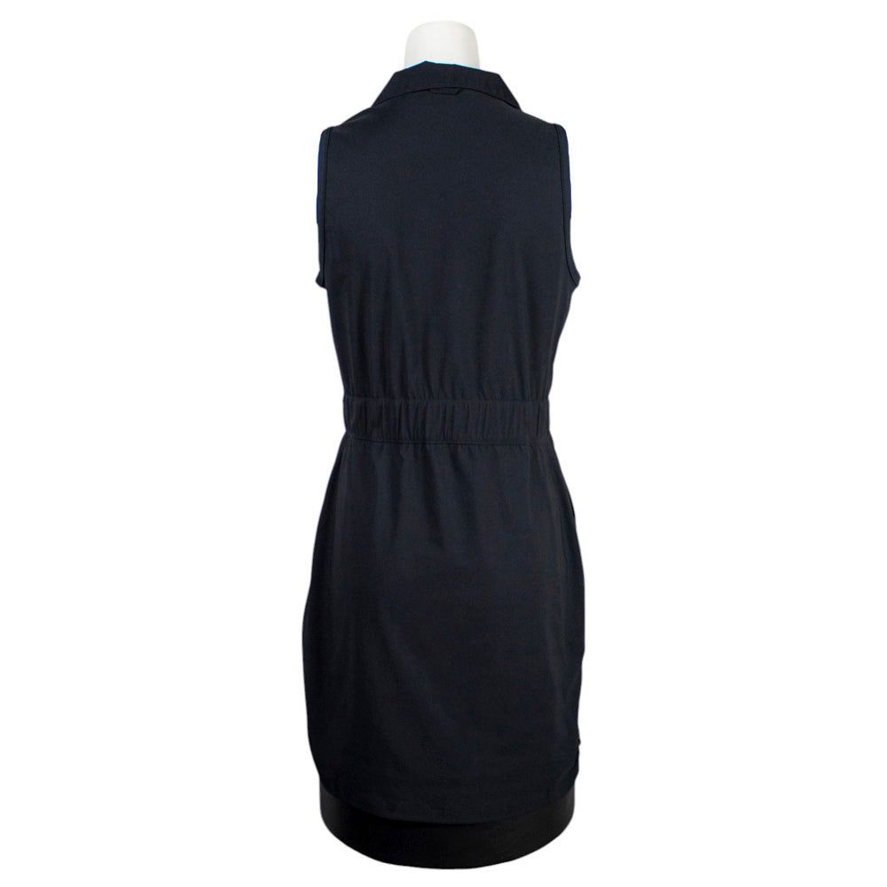 Back of a black sleeveless dress with an elastic waist. 