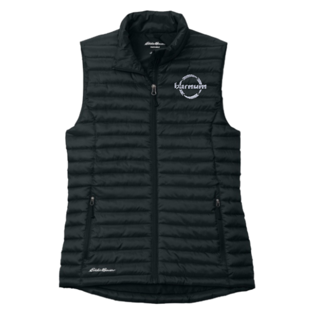 Black puffer vest with a barnum logo on the left chest. 