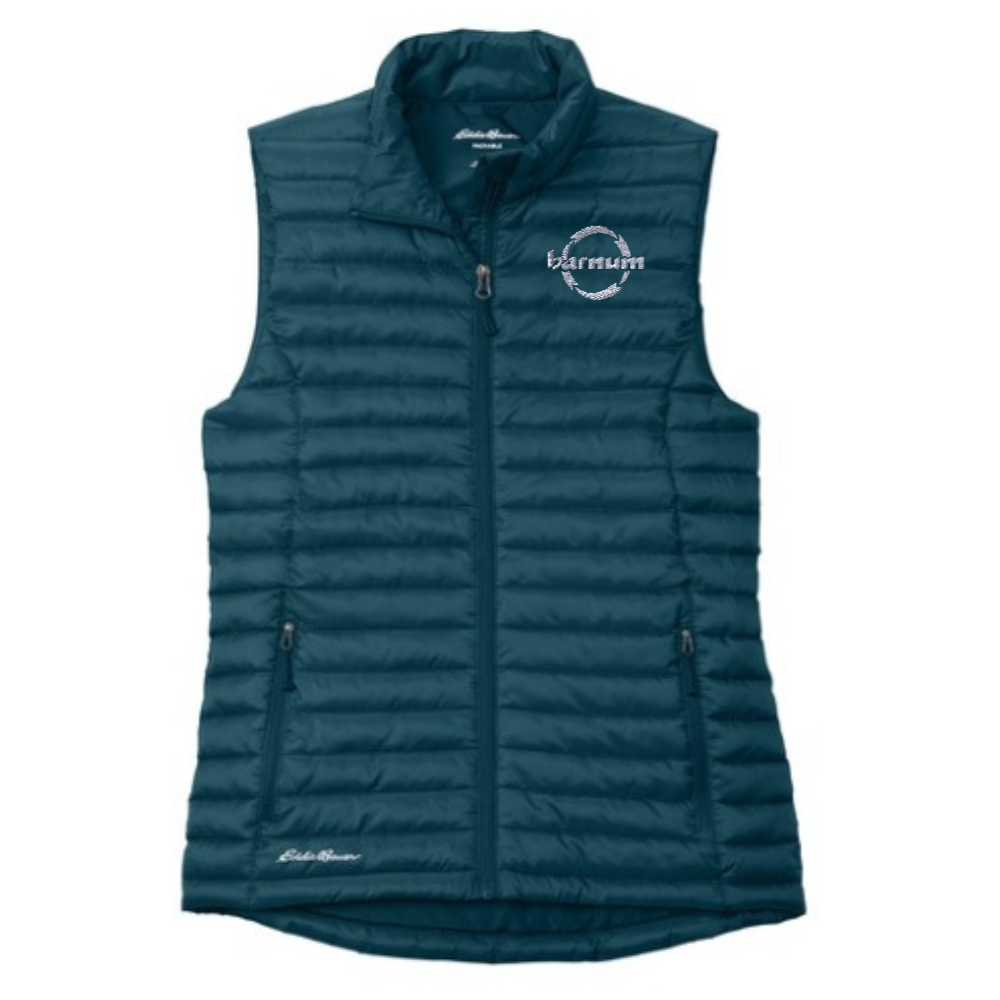 Blue puffer vest with a barnum logo on the left chest. 