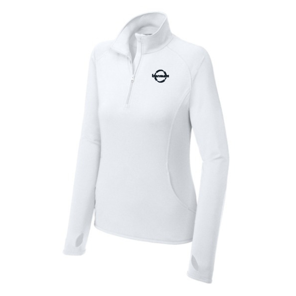 White long-sleeve quarter zip shirt with a black barnum logo on the chest.