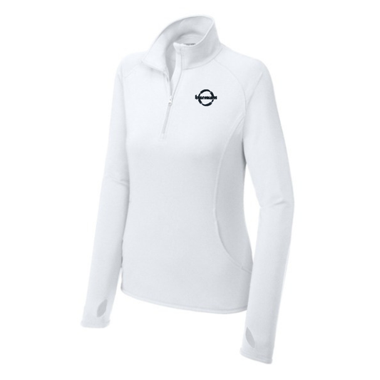 White long-sleeve quarter zip shirt with a black barnum logo on the chest.