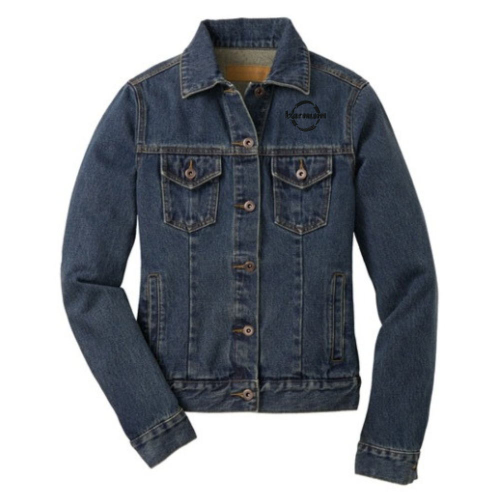 Blue denim jacket with a black barnum logo on the chest. 
