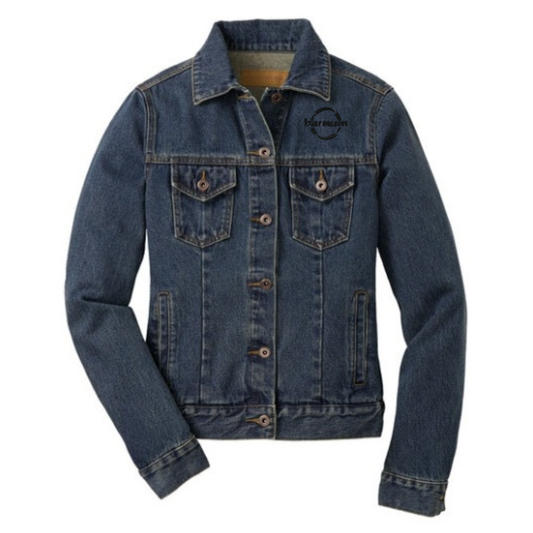 Blue denim jacket with a black barnum logo on the chest. 