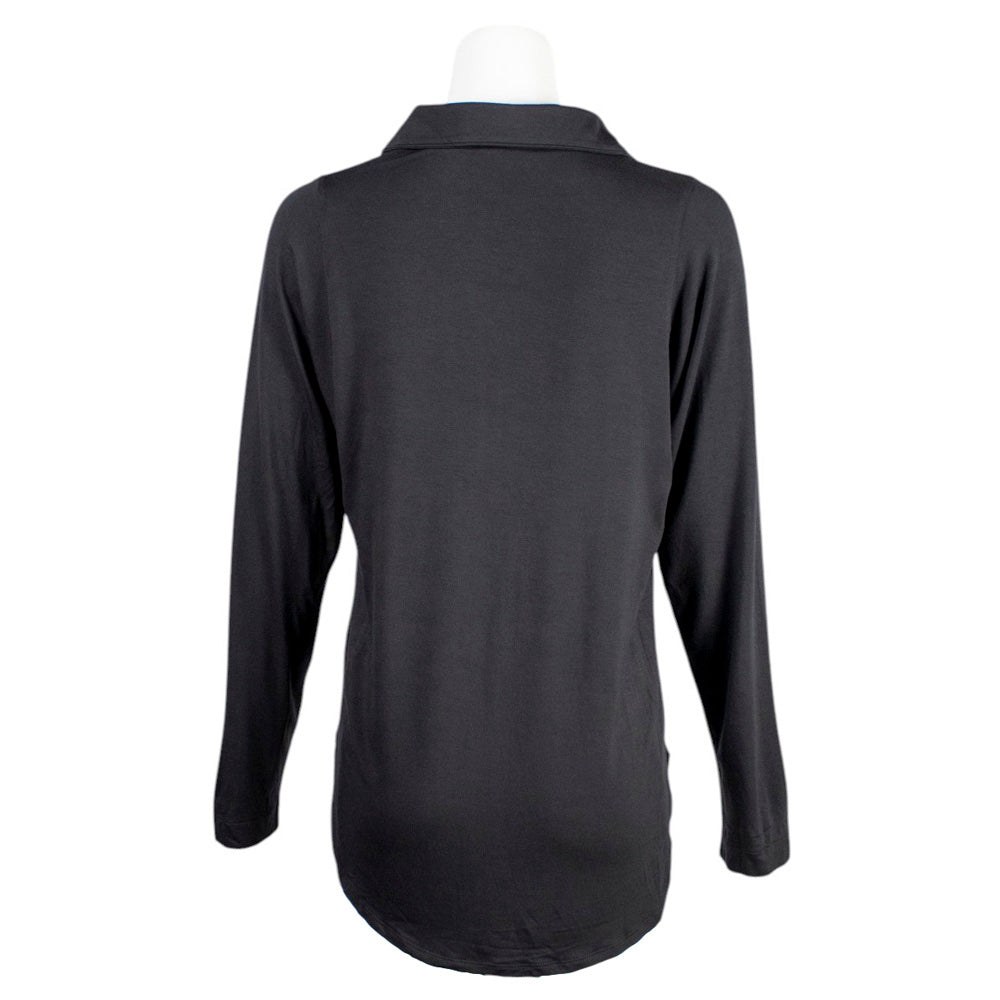 Back of a black long-sleeve top with a collar.