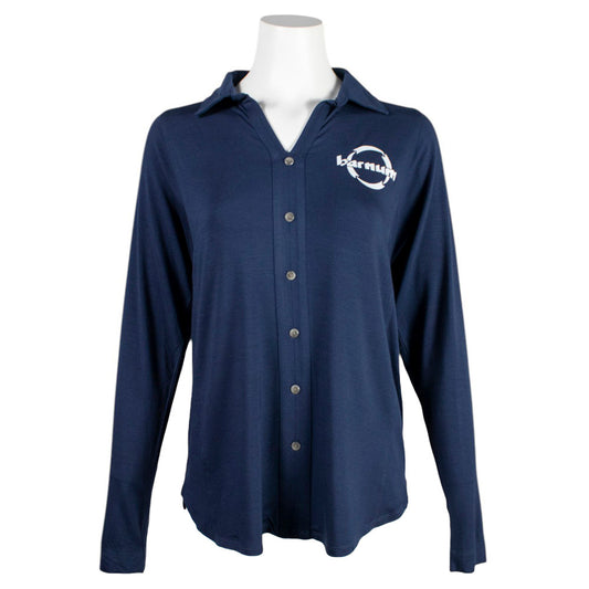 Navy blue long sleeve tunic shirt with a white barnum logo on the left chest. 