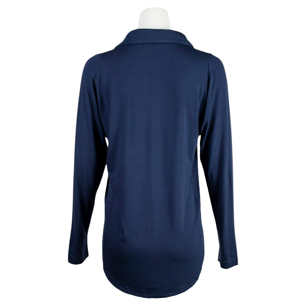 Back of a navy blue long-sleeve shirt with a collar.
