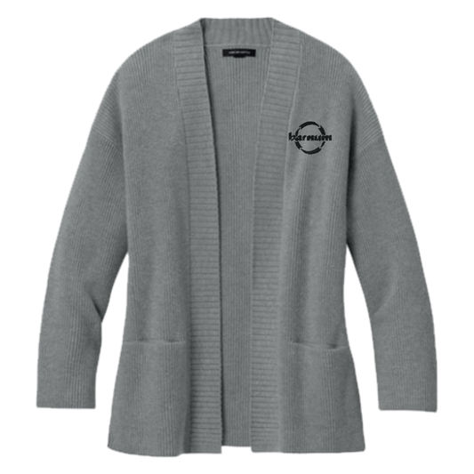 Gray cardigan with a black barnum logo on the chest.