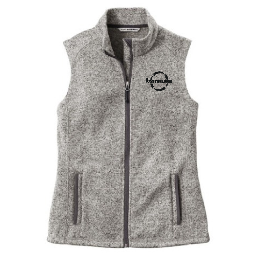 Gray fleece vest with a black barnum logo on the left chest.
