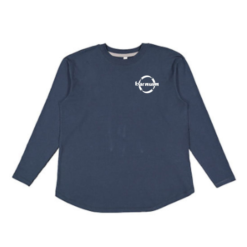Navy blue long-sleeve shirt with a white barnum logo on the chest. 