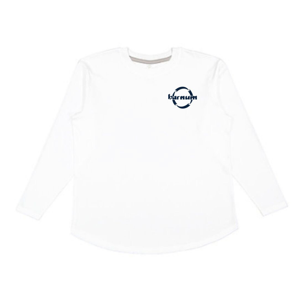 White long sleeve with a navy barnum logo on the chest.