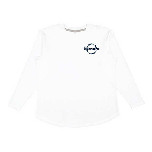 White long sleeve with a navy barnum logo on the chest.