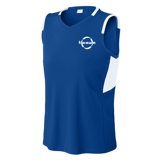 Blue sleeveless shirt with white accents and a HH Barnum logo on the chest.