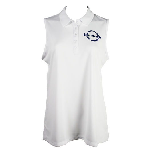 White sleeveless polo shirt with a blue barnum logo.