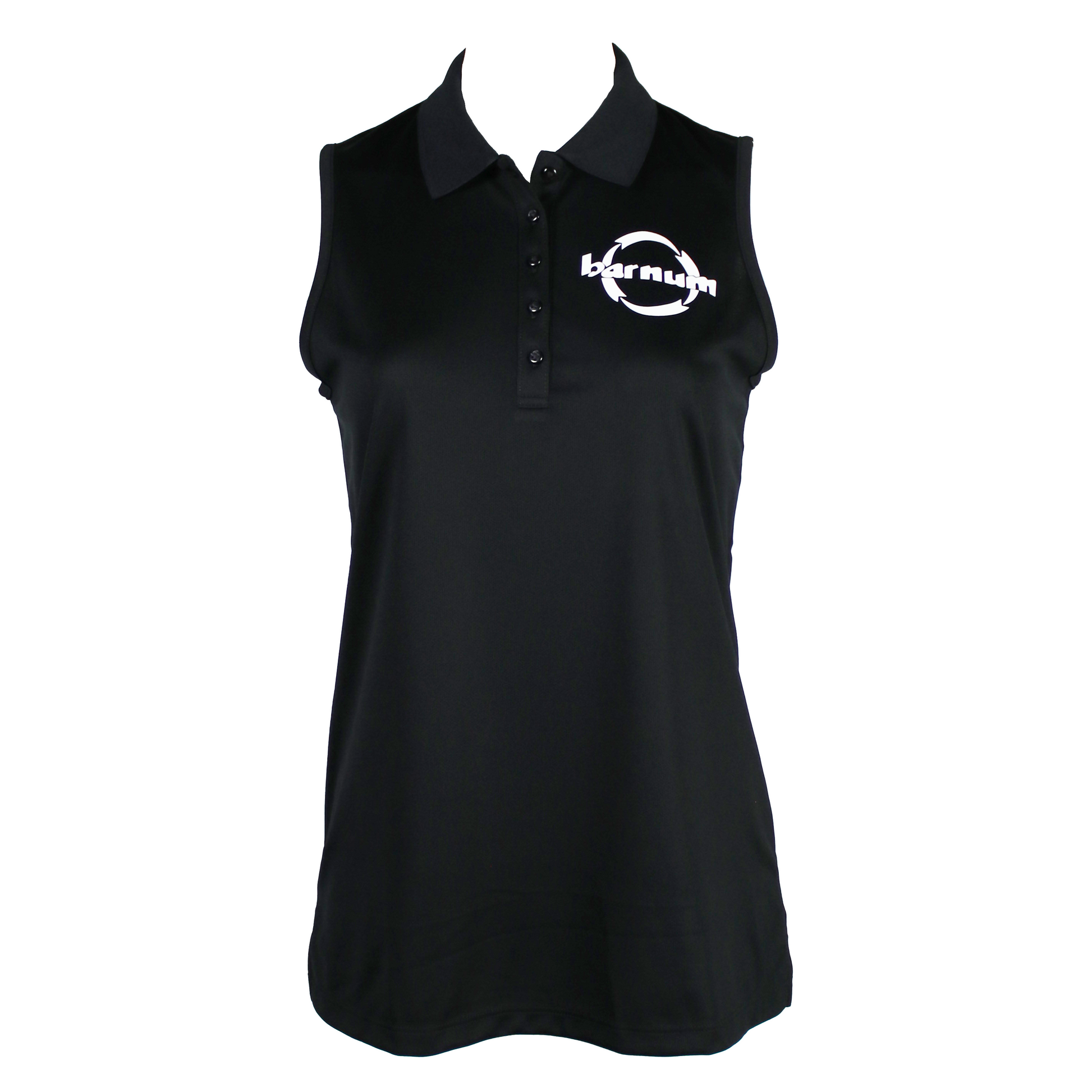 Black sleeveless polo shirt with a white barnum chest logo. 