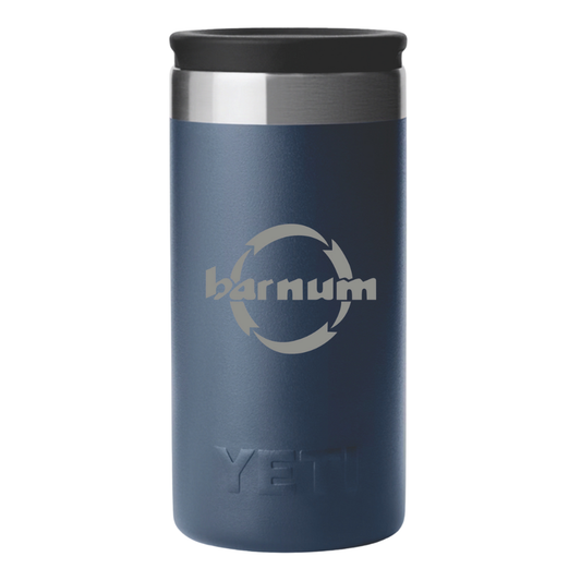 Navy blue YETI tumbler with an engraved Barnum logo on the side. 